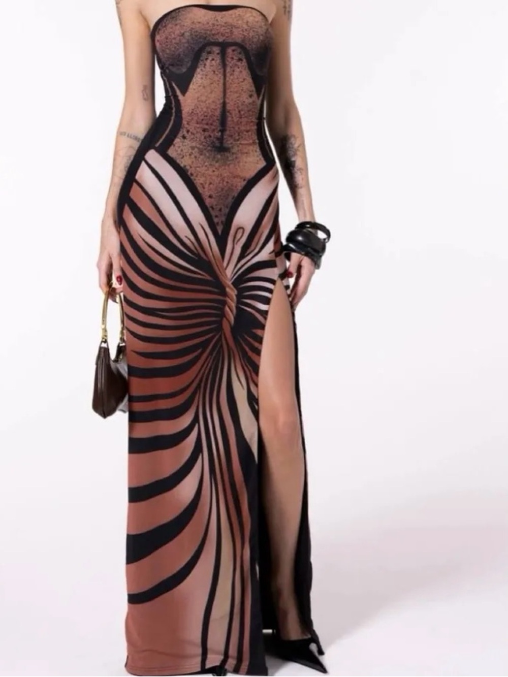Strapless Brown & Black Printed Maxi Dress with High Slit